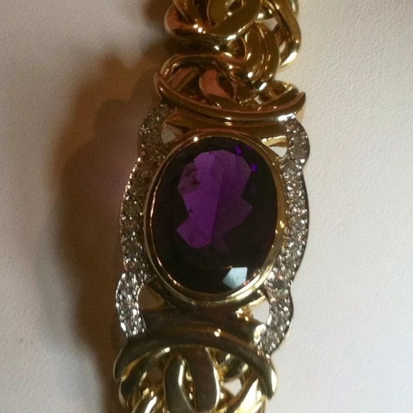 14K YG African Amethyst Diamond Byzantine Bracelet - Picture 11 of 12